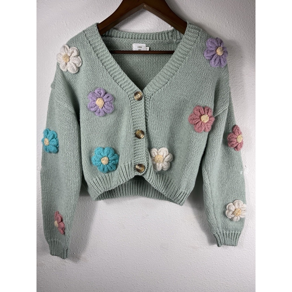 Anthropologie Luna Ivy Chunky Crocheted 3D Knit Floral Cardigan Sz Small Cropped